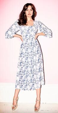 Coco Fennell Toile de Jouy Dolly Midi Dress in Blue & White UK Size 6/ US 4